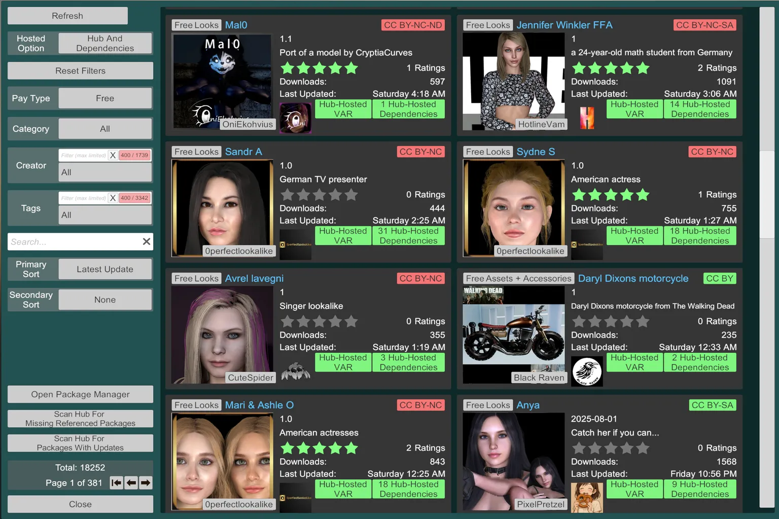 Navigateur VaM Hub affichant les filtres, les catégories, les options de tri et la liste des contenus disponibles.