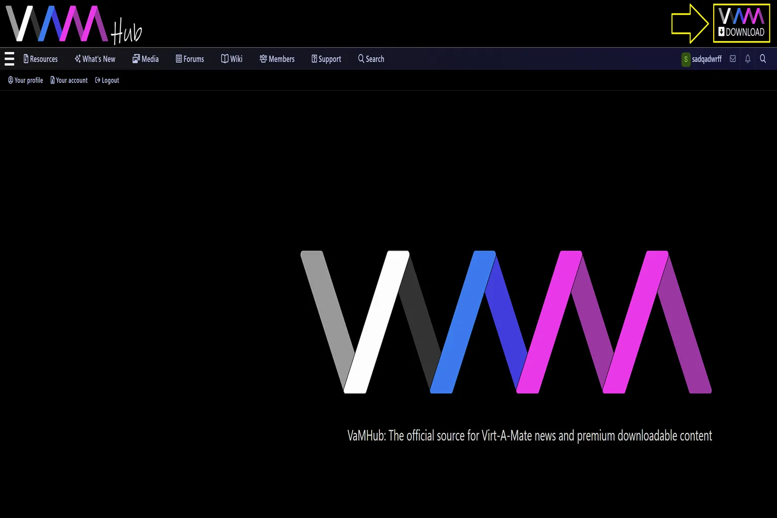 Compte VaM Hub connecté avec bouton de téléchargement indiqué en haut à droite
