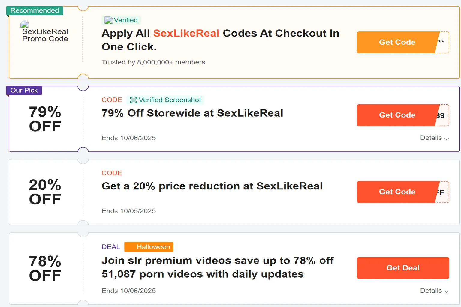 Exemples de sites de codes promo SexLikeReal avec réductions affichées