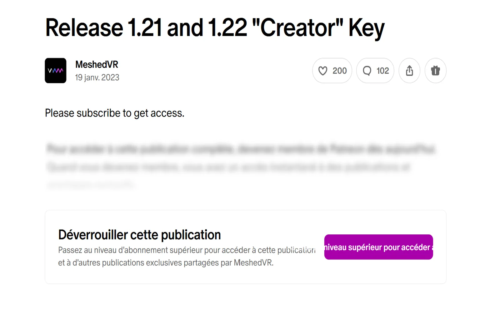 Publication Creator verrouillée sur Patreon demandant un niveau supérieur pour accéder à la clé