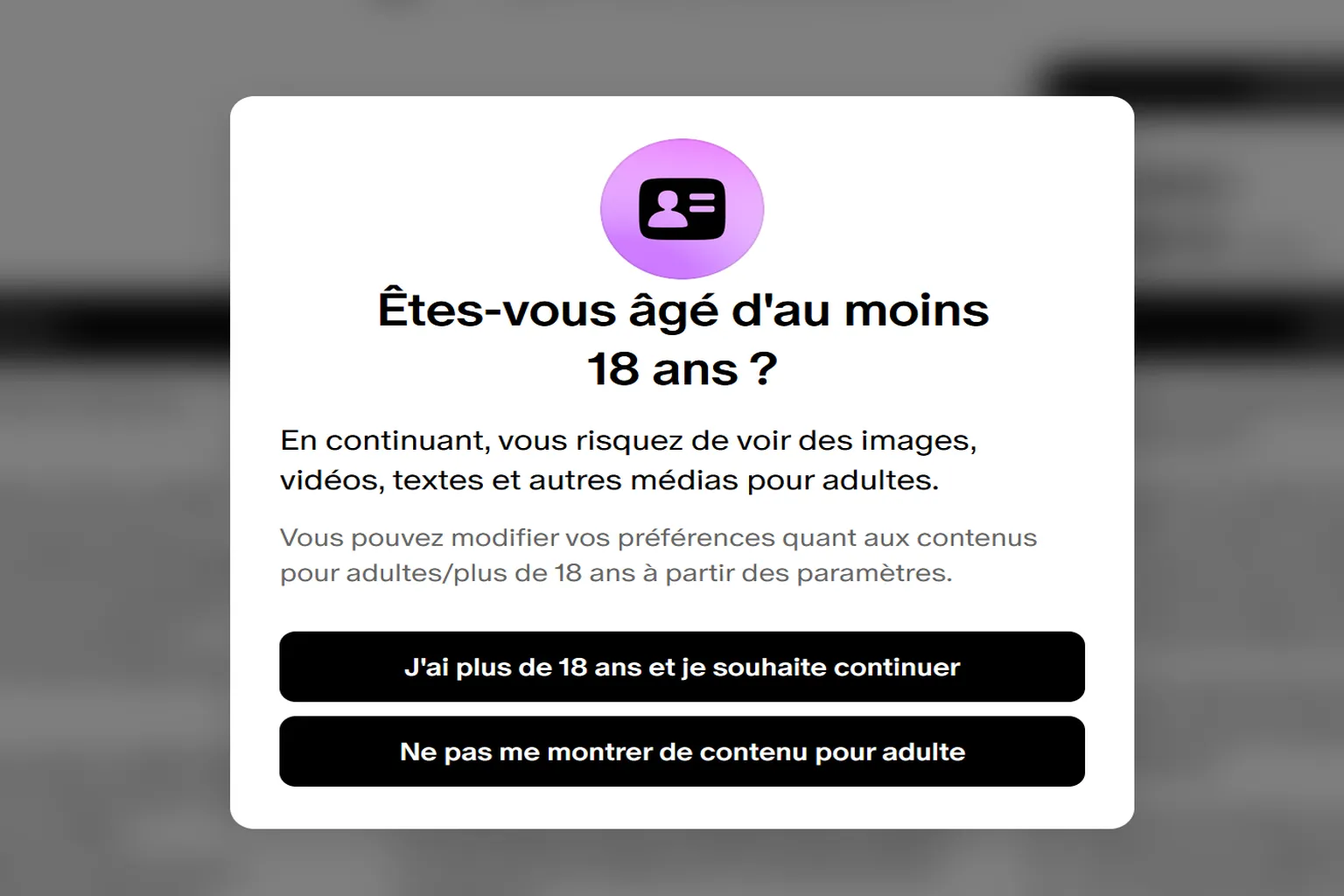 Avertissement de contenu adulte demandant de confirmer l’âge avant de continuer