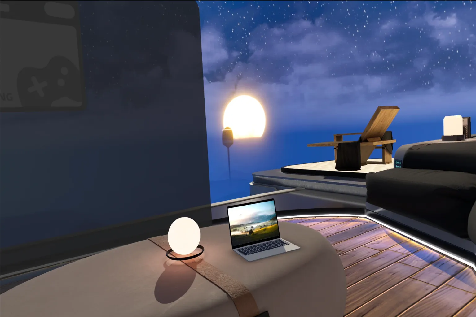 Table basse avec ordinateur portable dans le loft virtuel de Moon VR, face à un ciel étoilé.
