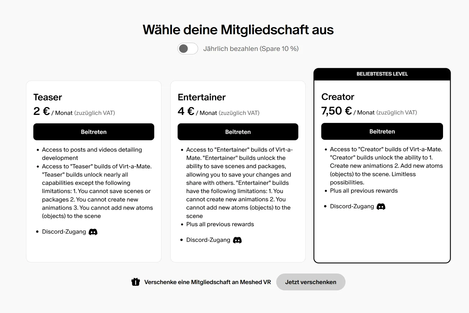 Page Patreon en allemand avec choix des niveaux Teaser, Entertainer et Creator