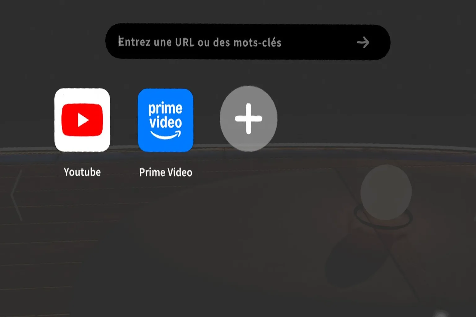 Page Web Théâtre de Moon VR avec raccourcis vers YouTube, Prime Video et une barre de recherche.