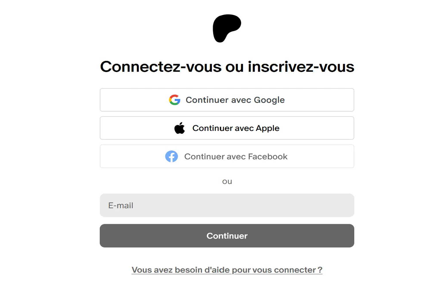 Page Patreon de connexion ou d’inscription avec Google, Apple, Facebook ou e-mail