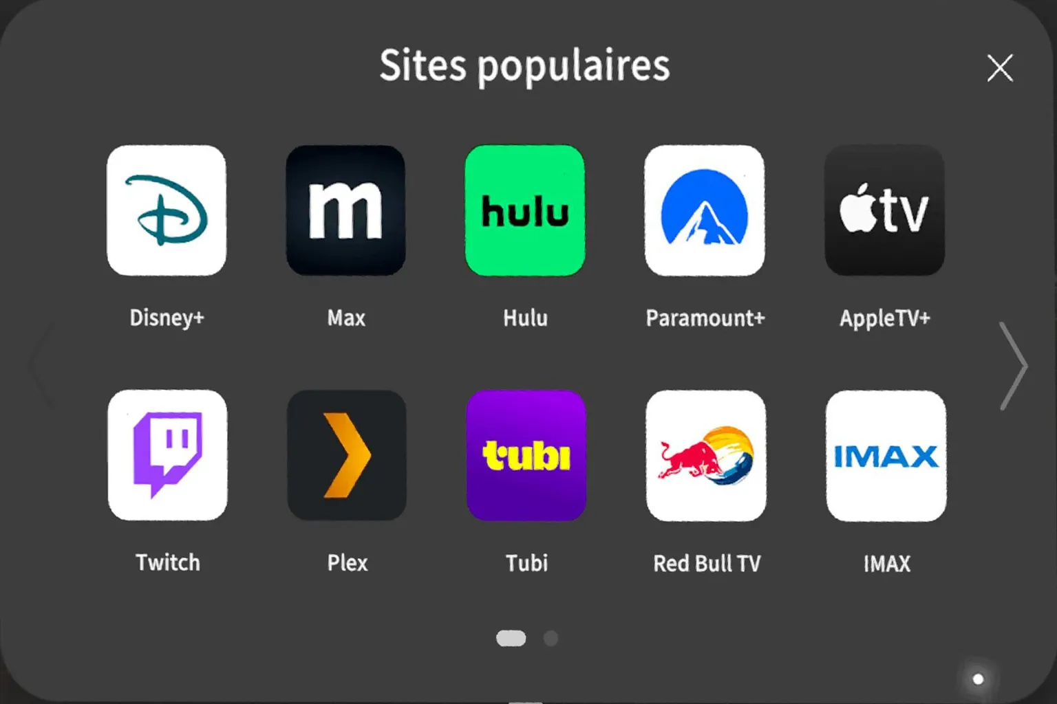 Fenêtre Sites populaires de Moon VR affichant Disney+, Max, Hulu, Plex et plusieurs services vidéo.