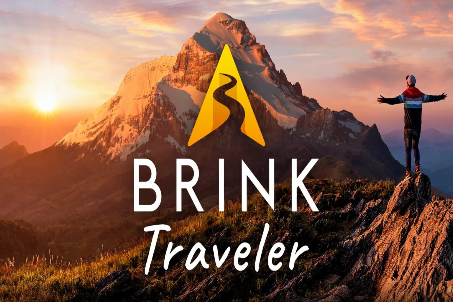 Écran-titre de Brink Traveler devant une montagne au coucher du soleil, avec un voyageur debout sur un sommet rocheux.