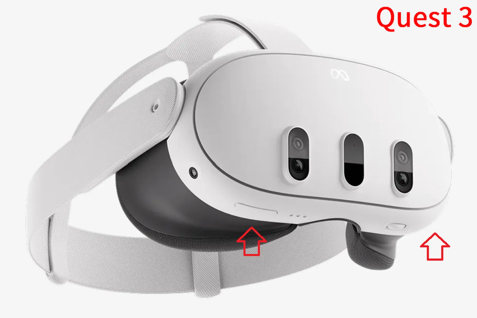 Vue avant du Meta Quest 3 avec des flèches indiquant l’emplacement des boutons d’alimentation et de volume pour la réinitialisation.