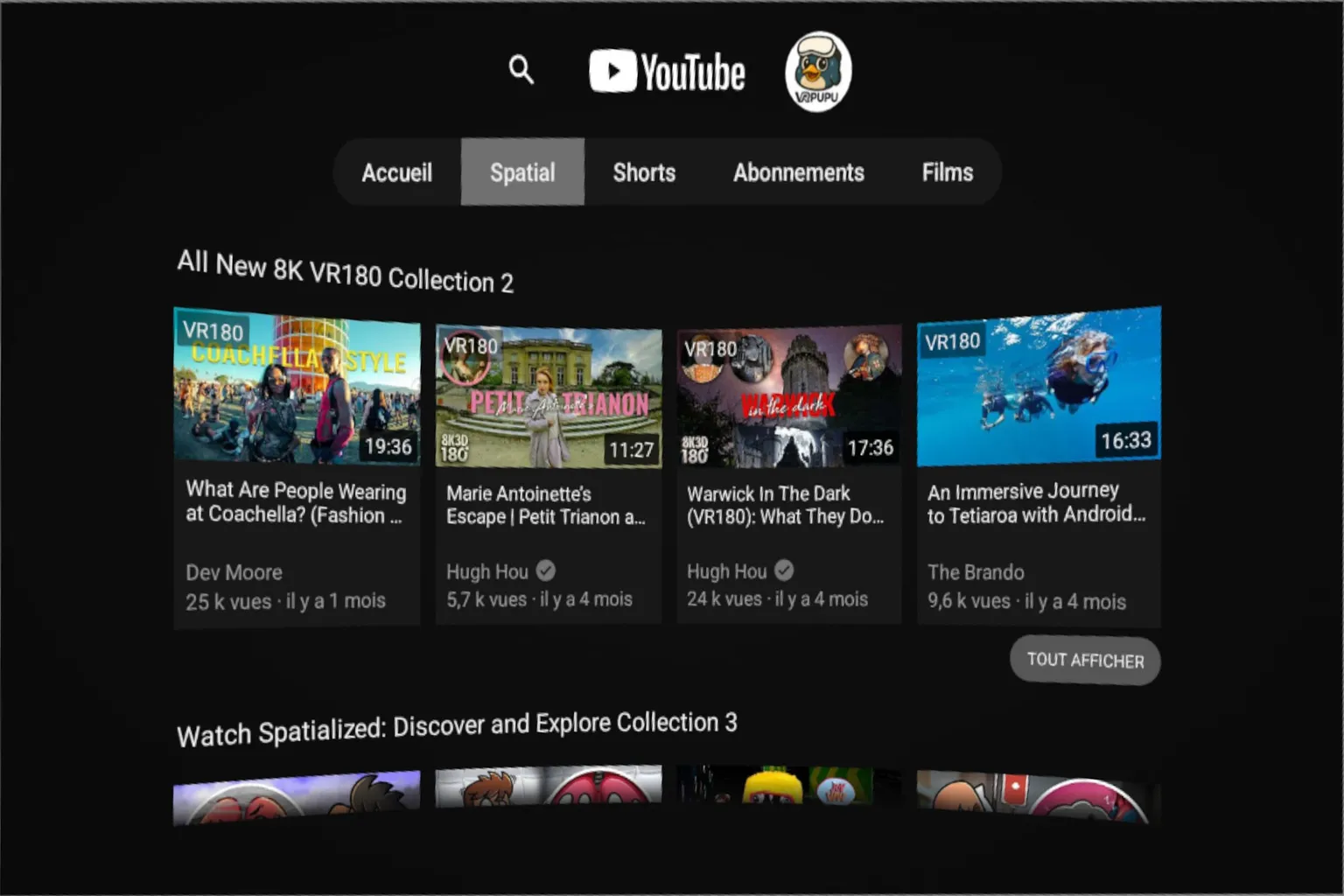 Menu de YouTube VR sur Meta Quest, avec l’onglet Spatial et une sélection de vidéos VR180 en 8K.