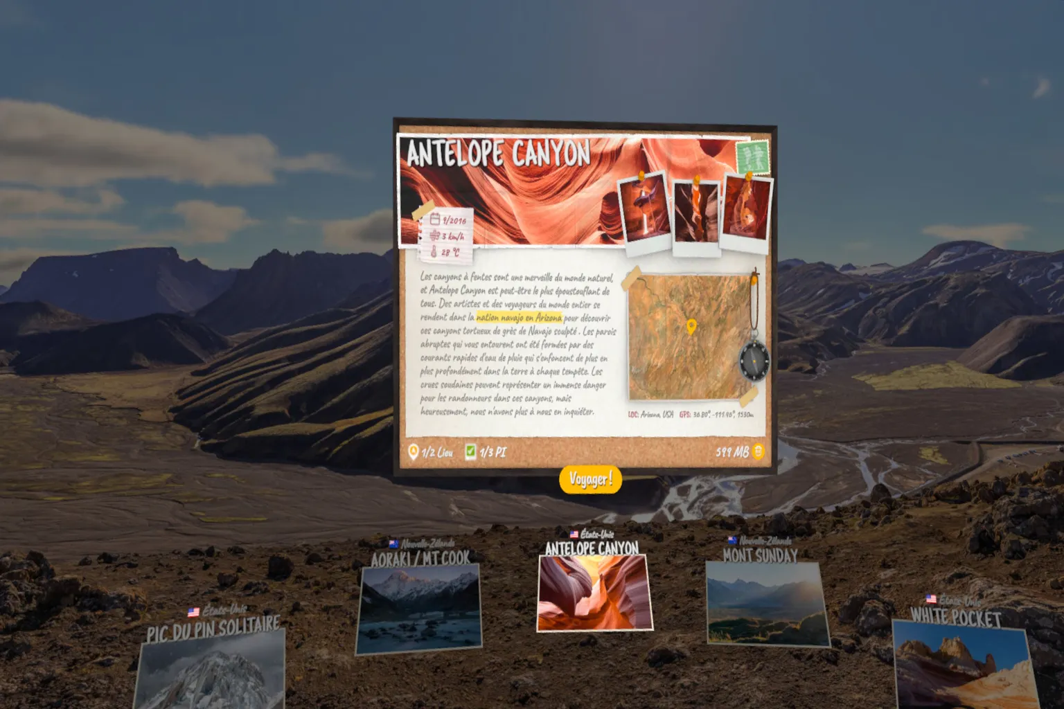 Menu de sélection des destinations de Brink Traveler en français, avec Antelope Canyon sélectionné parmi plusieurs sites naturels.