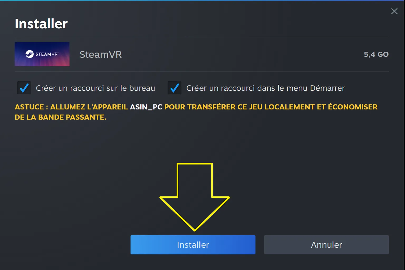 Fenêtre d’installation de SteamVR dans Steam, avec le bouton « Installer » indiqué par une flèche jaune.