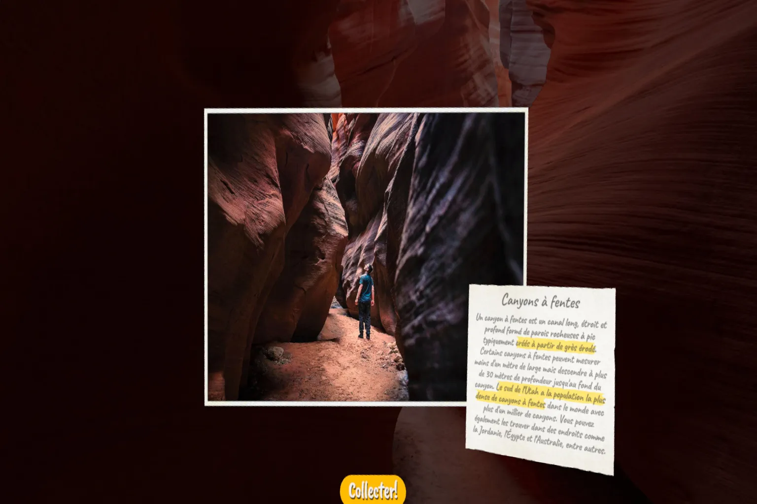 Carte à collectionner sur les canyons à fentes dans Brink Traveler, illustrée par un randonneur au cœur d’un canyon étroit.