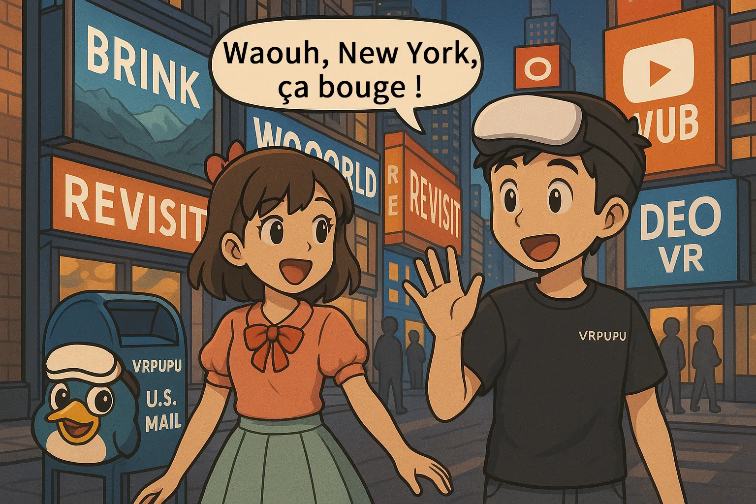 Mengmeng et Gugu découvrent les rues animées de New York en réalité virtuelle, entourés d’enseignes de Brink Traveler, Wooorld, Revisit et DeoVR.