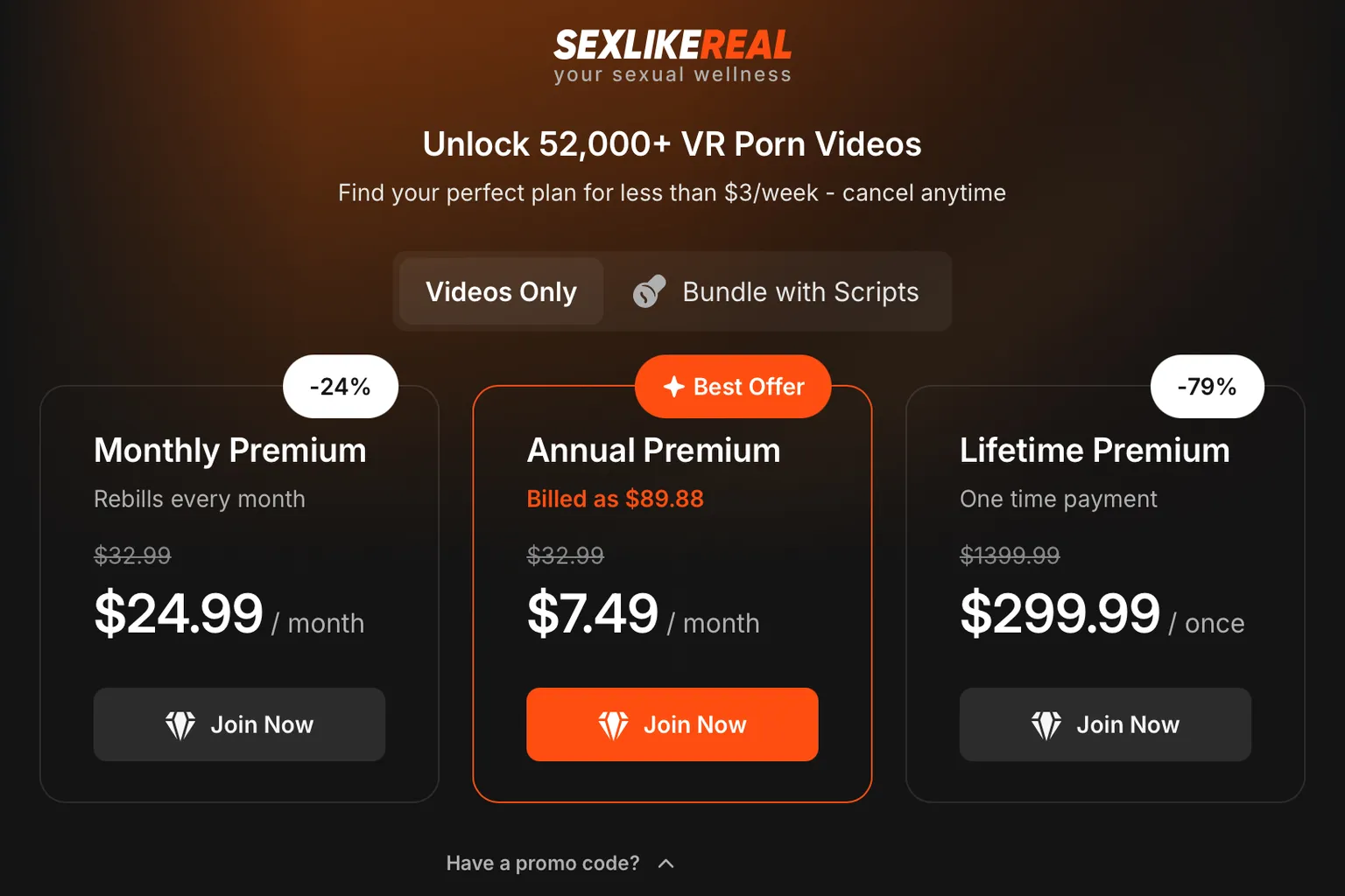 Offres Premium SexLikeReal pour les vidéos seules, avec le code promo VRPUPU appliqué