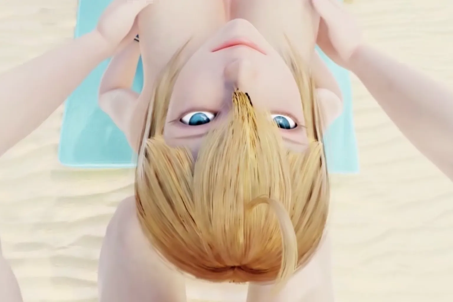 Personnage féminin virtuel blond HentaiVR vu en contre-plongée sur une plage lumineuse