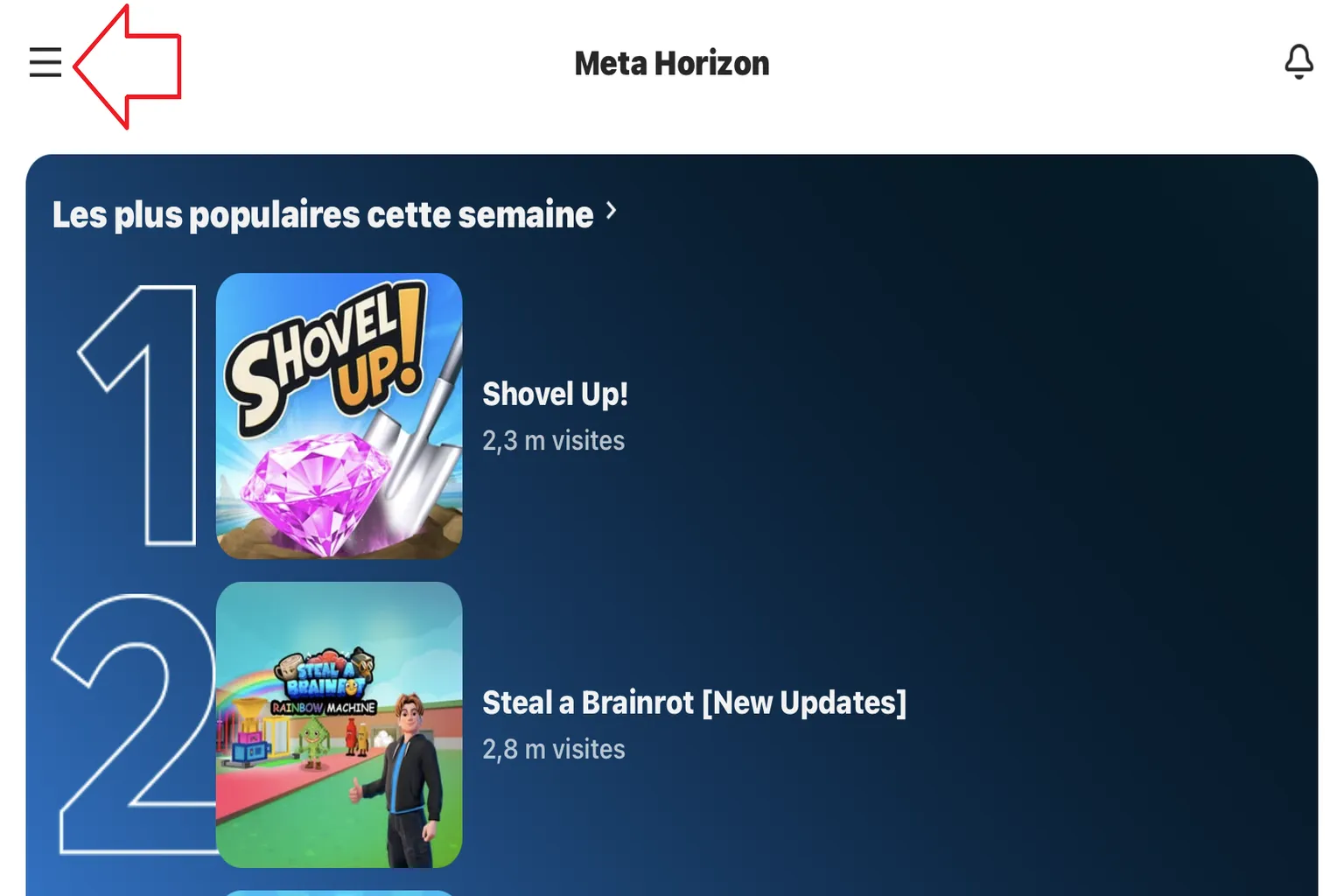 Page d’accueil de l’application Meta Horizon avec l’icône du menu principal indiquée par une flèche.
