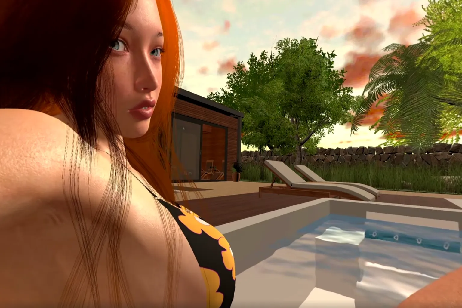 Personnage féminin virtuel aux cheveux roux près d’une piscine au coucher du soleil dans une scène VR