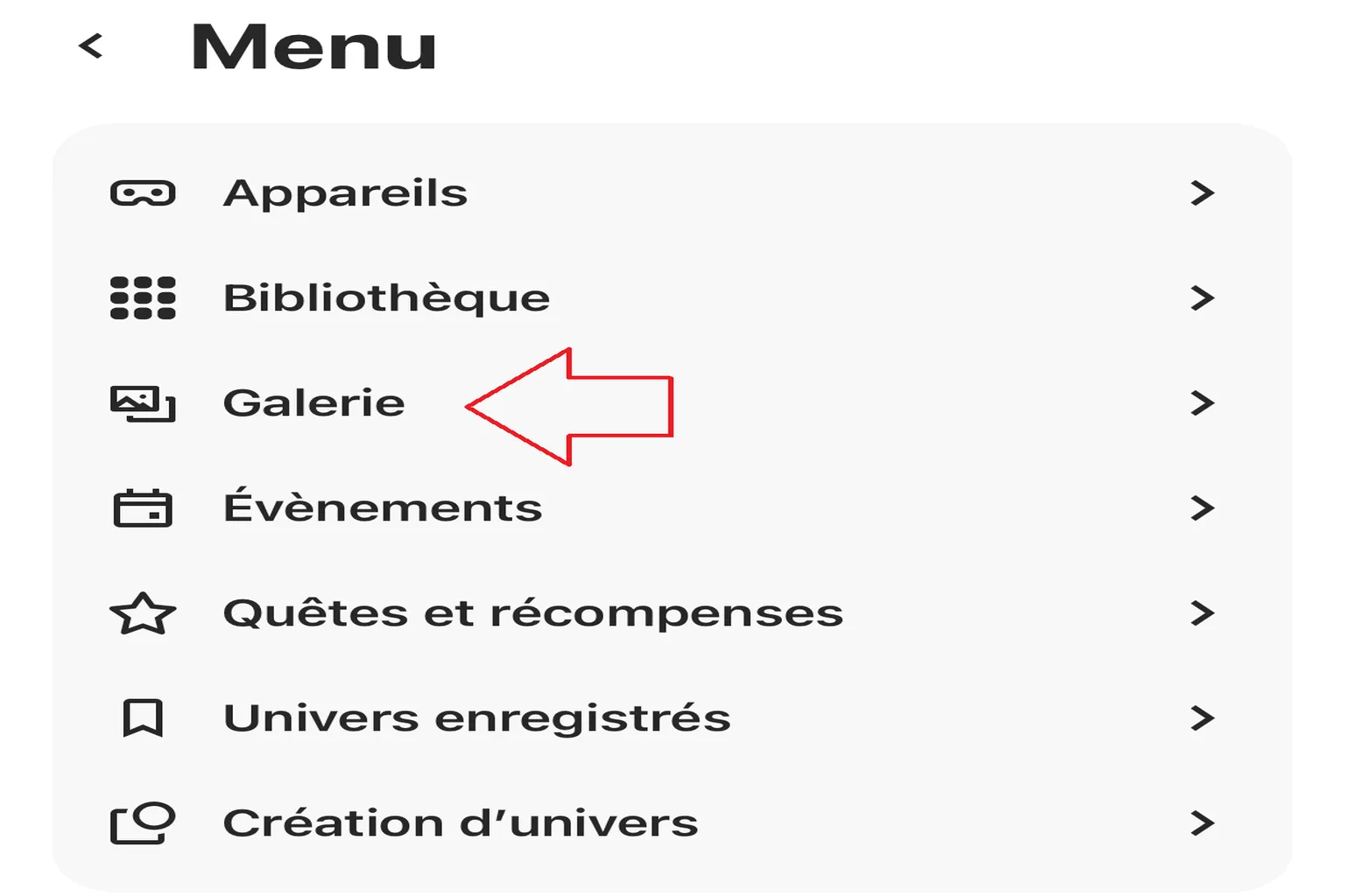 Menu de l’application Meta Horizon avec l’option Galerie indiquée par une flèche rouge.
