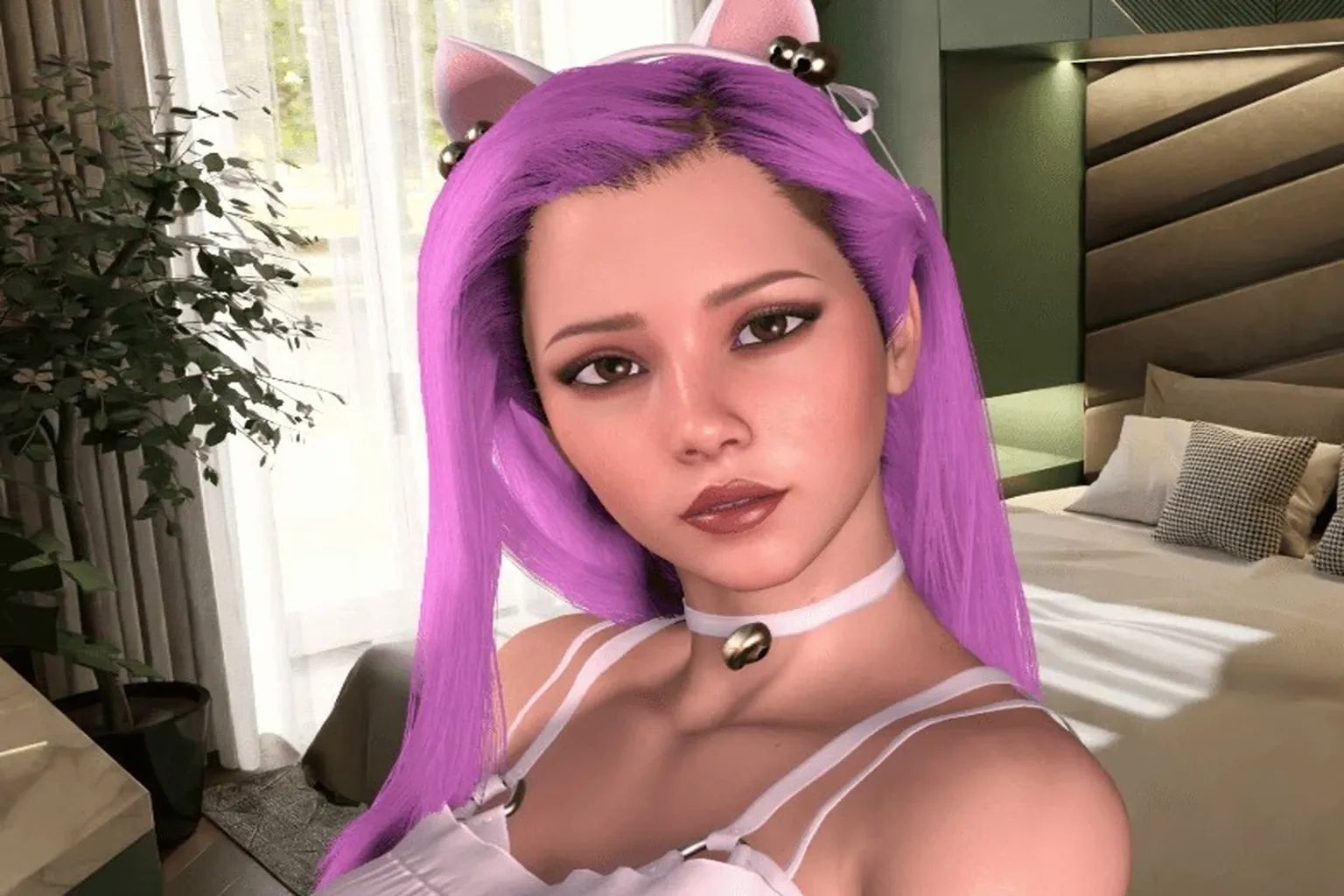 Personnage féminin virtuel RedHeatVR aux cheveux violets, en gros plan dans une chambre lumineuse