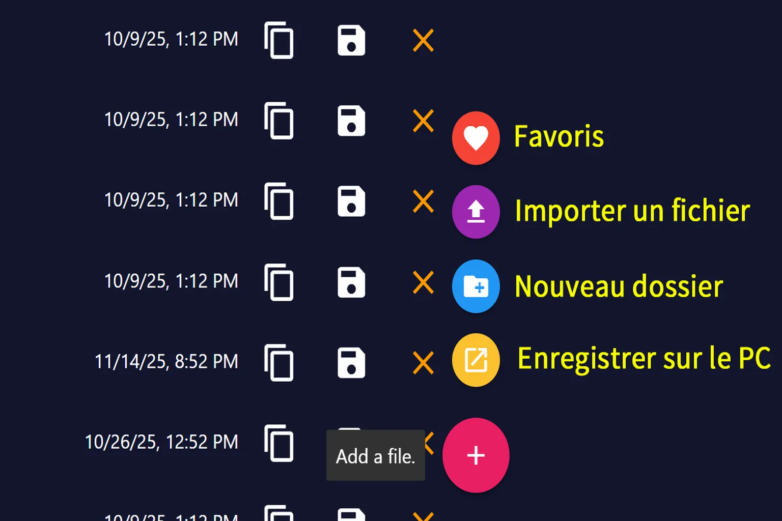 Icônes du gestionnaire de fichiers SideQuest permettant d’ajouter un favori, d’importer un fichier, de créer un dossier ou d’enregistrer un fichier sur le PC.
