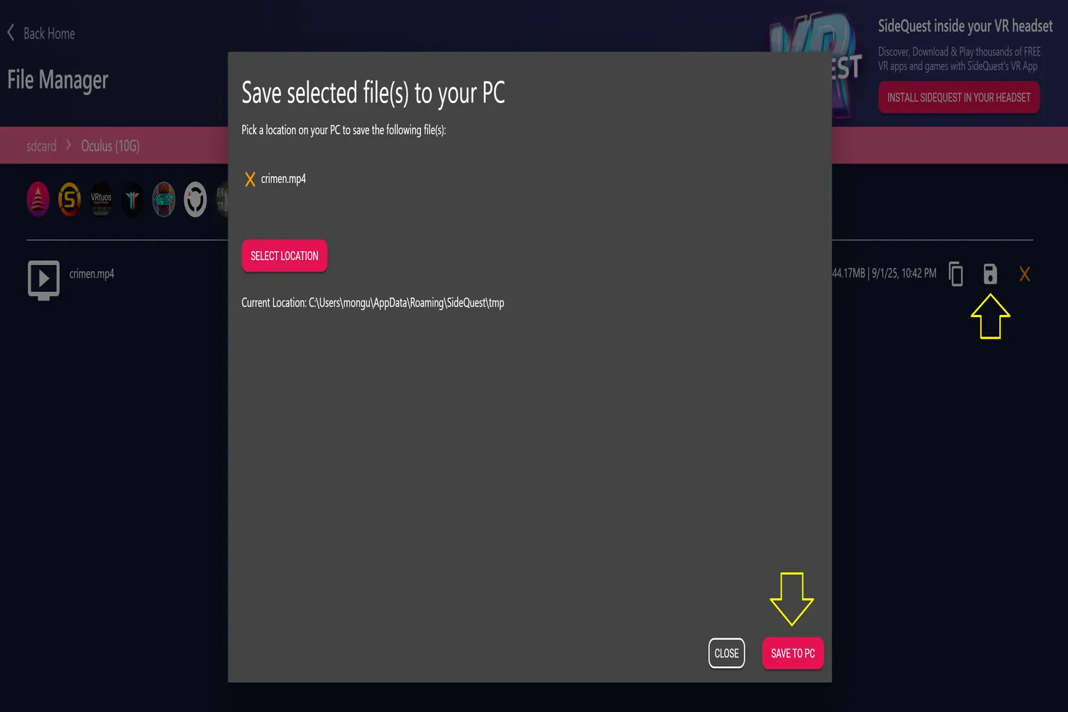 Fenêtre SideQuest permettant de sélectionner un emplacement et d’enregistrer une vidéo du Meta Quest sur le PC.
