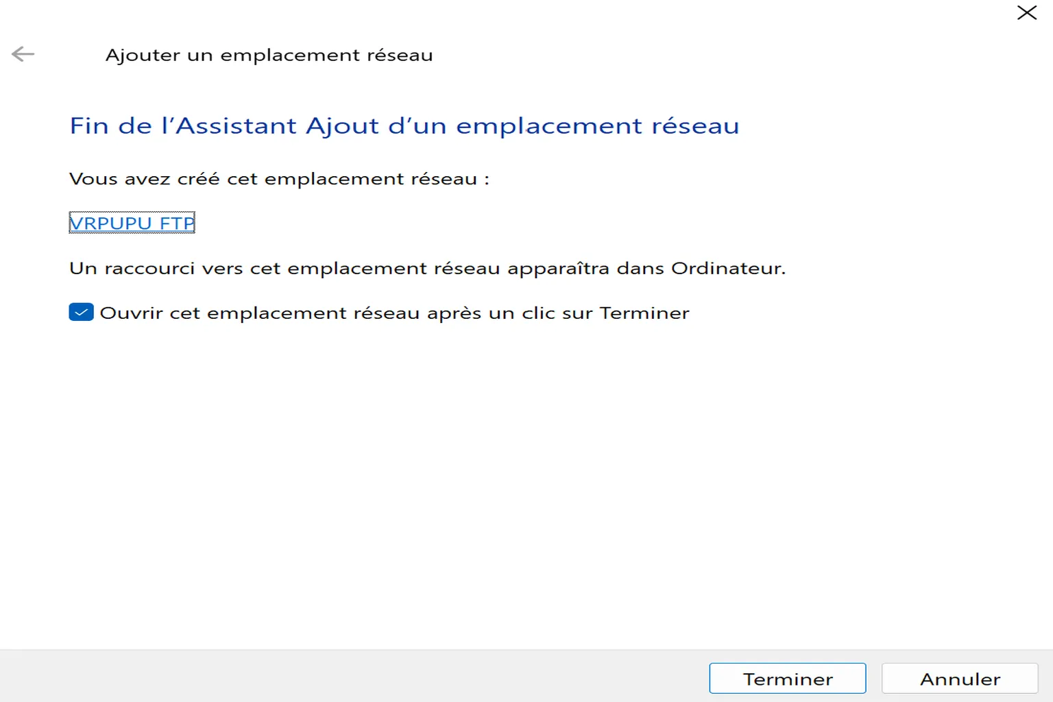 Explorateur de fichiers Windows affichant l’emplacement réseau « VRPUPU FTP » sous « Ce PC ».
