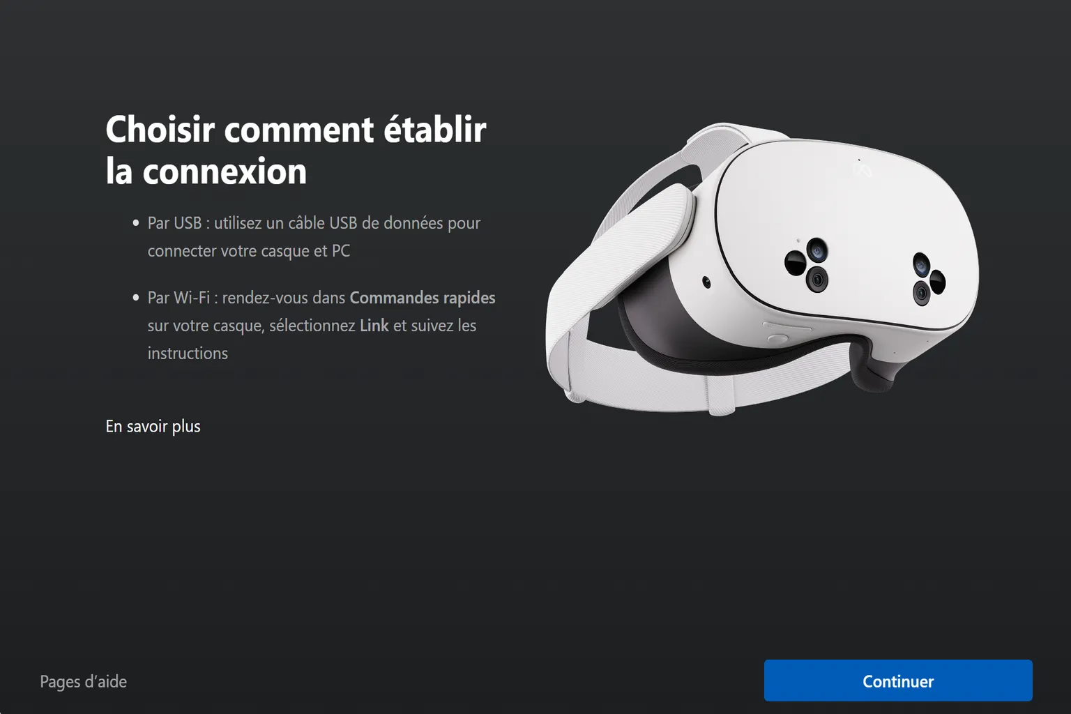 Écran de connexion de Meta Horizon Link affichant les options de connexion par câble USB ou Wi-Fi, avec l’image d’un casque.
