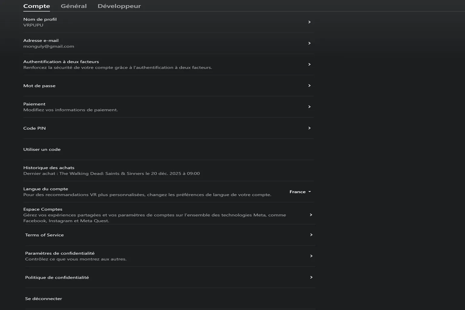 Page des paramètres de compte de Meta Horizon Link en français avec les options de profil, de sécurité, de paiement et de déconnexion.