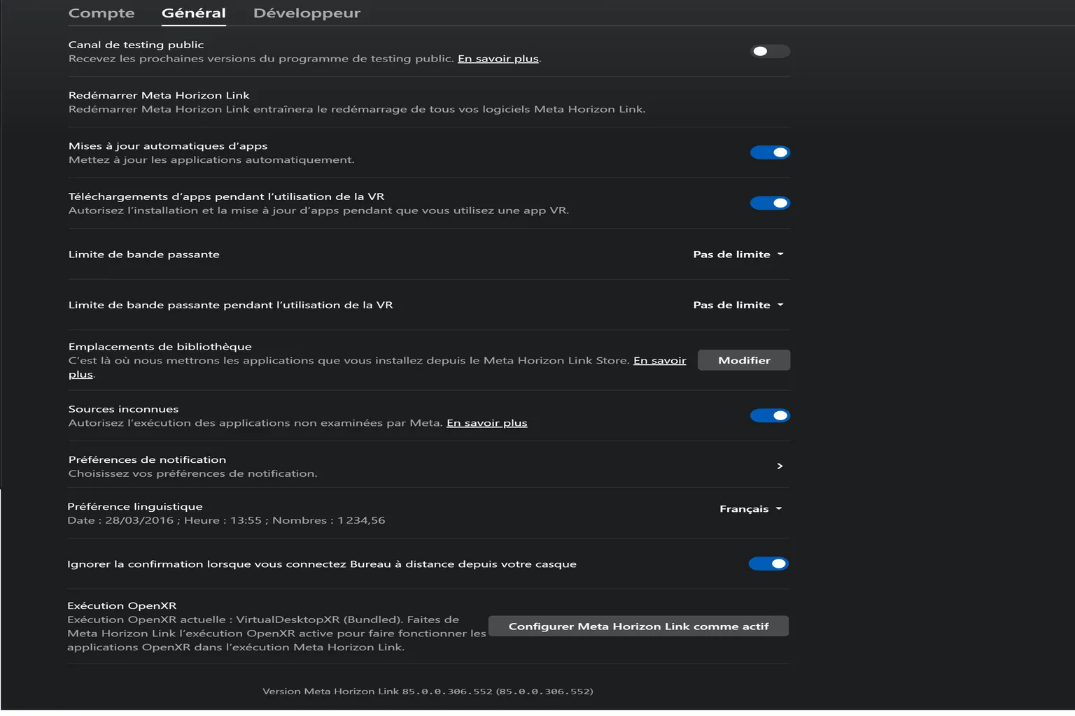 Onglet « Général » des paramètres de Meta Horizon Link avec les options de mise à jour, de bande passante, de langue et d’exécution OpenXR.