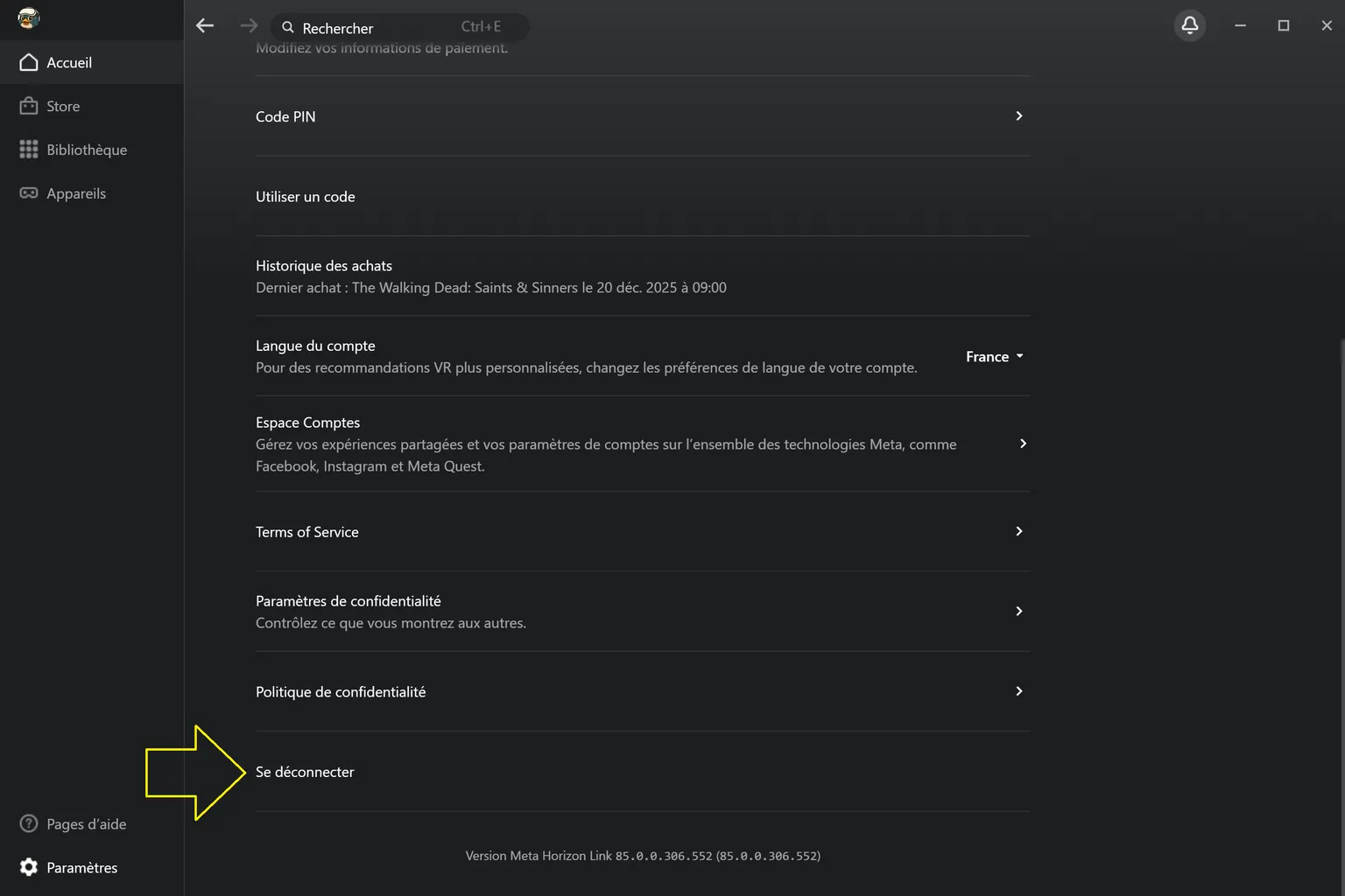 Fenêtre de confirmation de déconnexion de Meta Horizon Link avec une flèche indiquant le bouton « OK ».