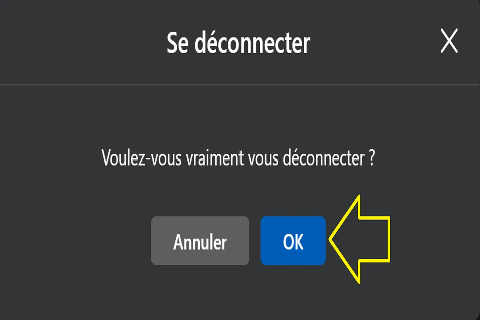 Fenêtre de confirmation de déconnexion de Meta Horizon Link avec une flèche indiquant le bouton « OK ».