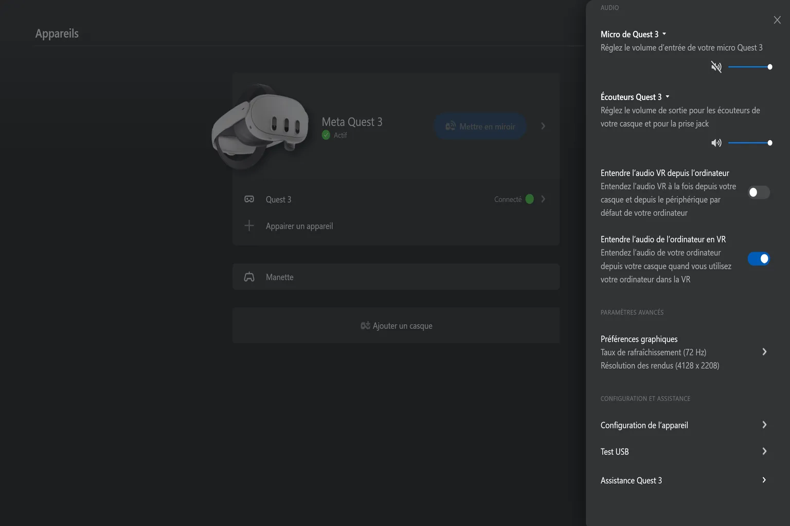 Paramètres audio du Meta Quest 3 dans Meta Horizon Link avec les réglages du microphone, des écouteurs et de la sortie audio du PC.