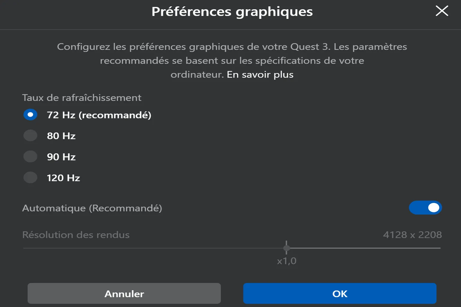 Fenêtre des préférences graphiques de Meta Horizon Link permettant de régler le taux de rafraîchissement et la résolution de rendu du Quest 3.