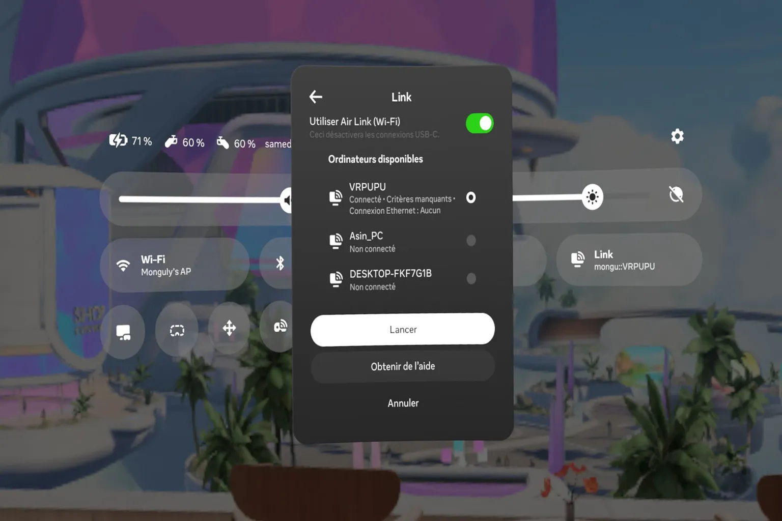Menu Link du Meta Quest avec Air Link activé, un ordinateur sélectionné et le bouton « Lancer ».