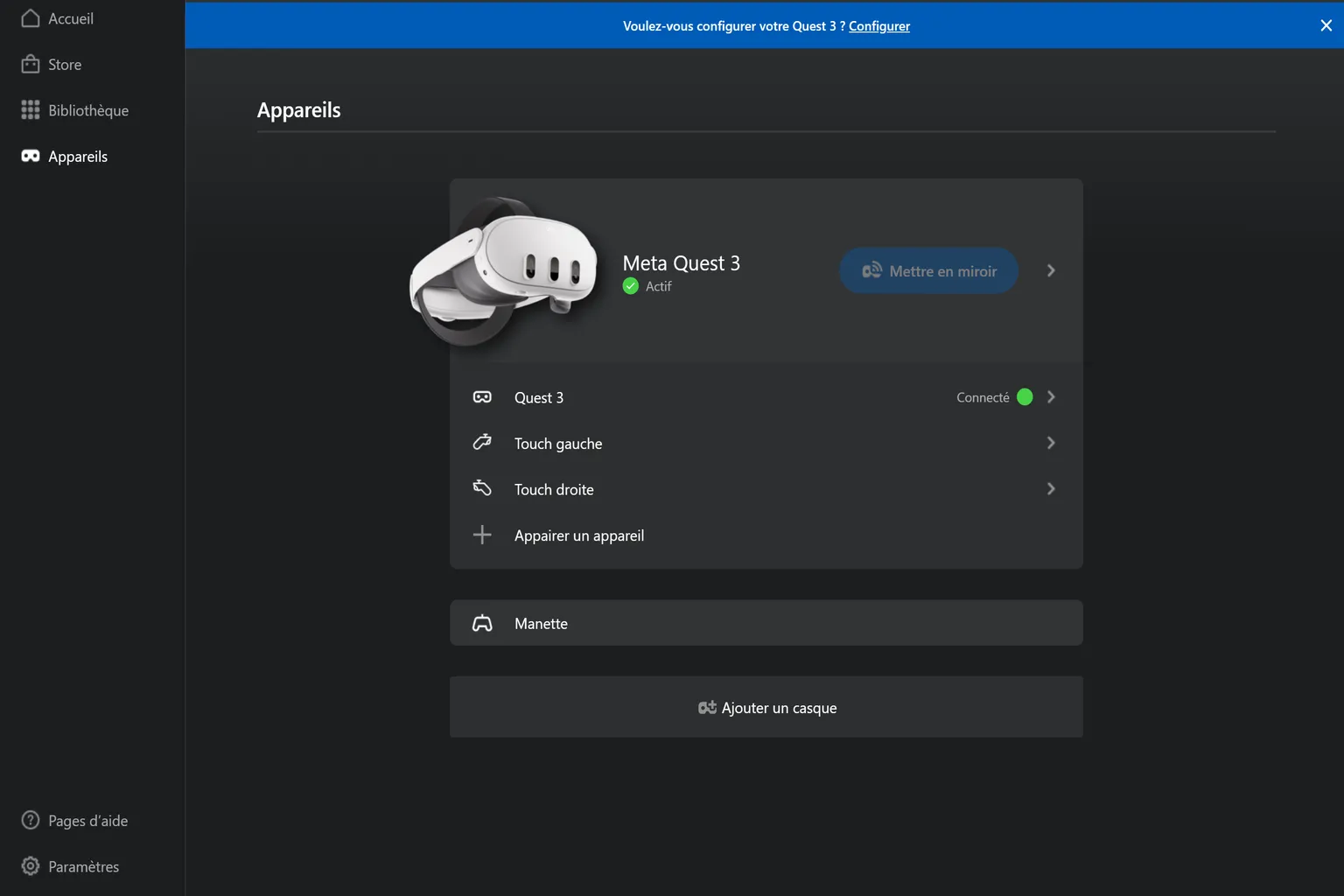 Écran d’accueil de Meta Horizon Link après la configuration du Quest 3, permettant ensuite d’utiliser une connexion USB ou sans fil.