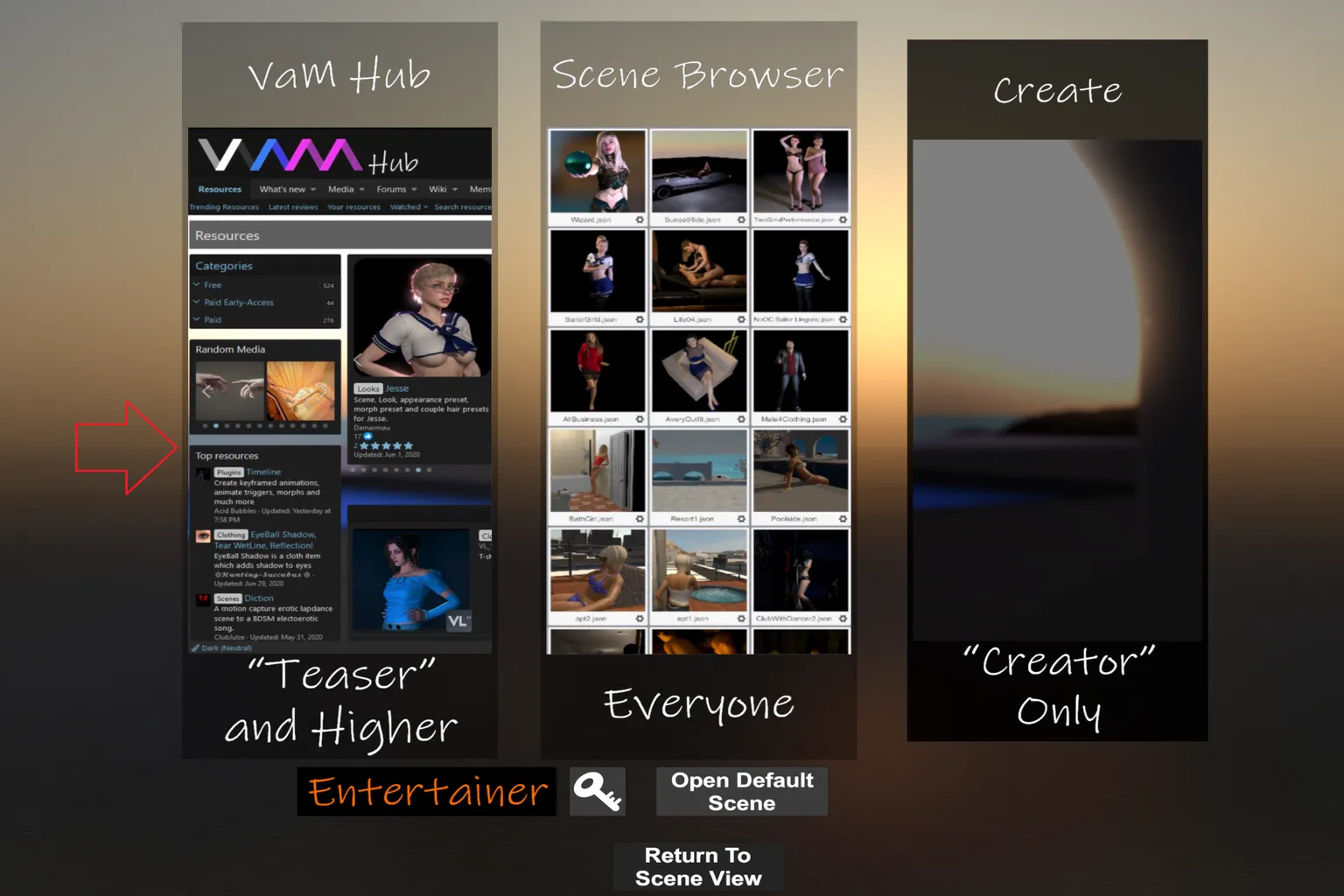 Écran d’accueil de VaM avec les options VaM Hub, Scene Browser et Create.