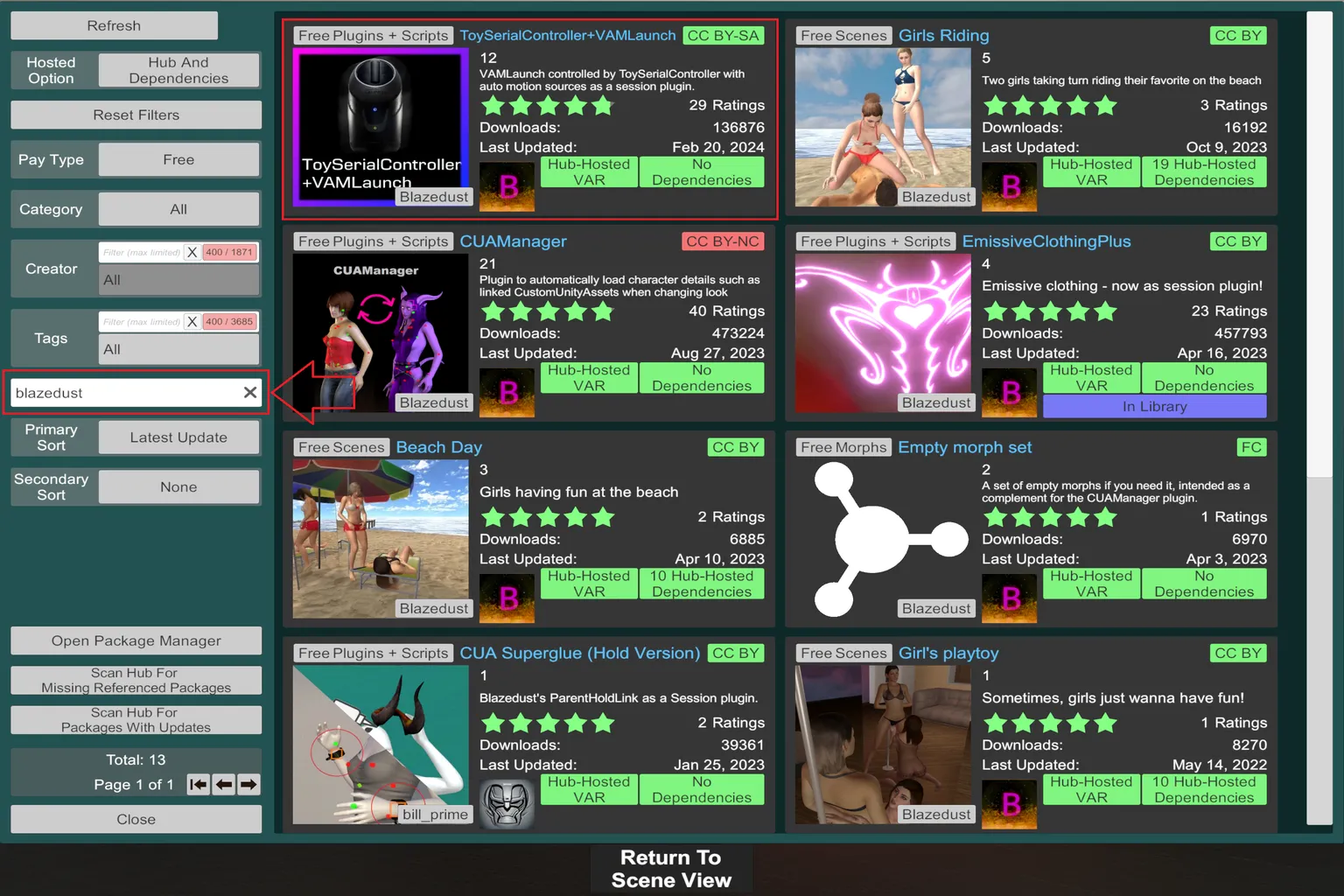VaM Hub affichant la recherche Blazedust et le plugin ToySerialController+VAMLaunch.