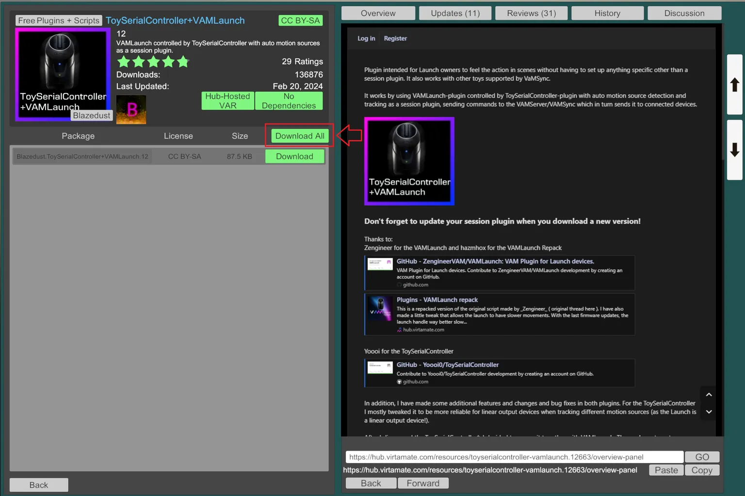 Page VaM Hub montrant le plugin ToySerialController+VAMLaunch avec le bouton Download All.