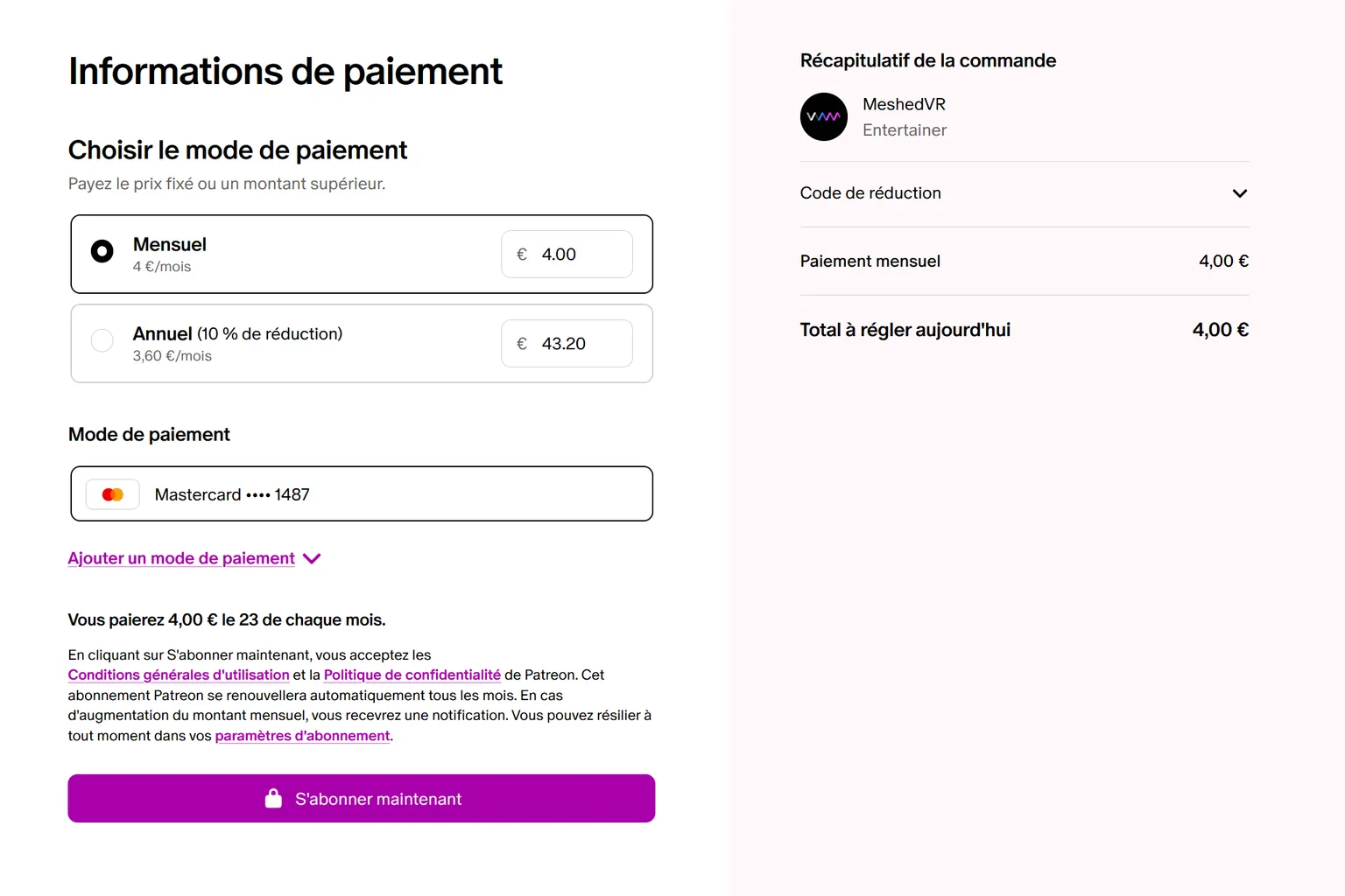 Exemple de paiement Patreon MeshedVR en Suisse sans TVA ajoutée