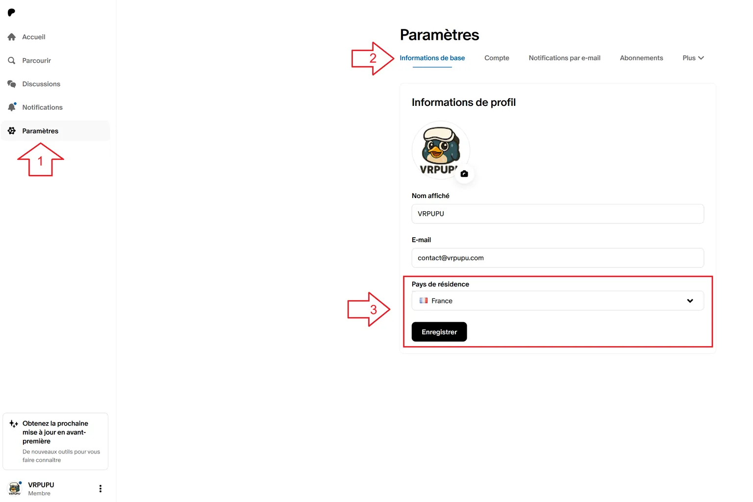 Paramètres Patreon montrant le changement du pays de résidence vers la France