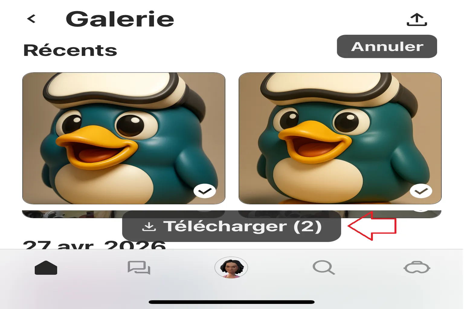Deux photos sélectionnées dans la galerie Meta Horizon avec le bouton Télécharger affiché en bas de l’écran.