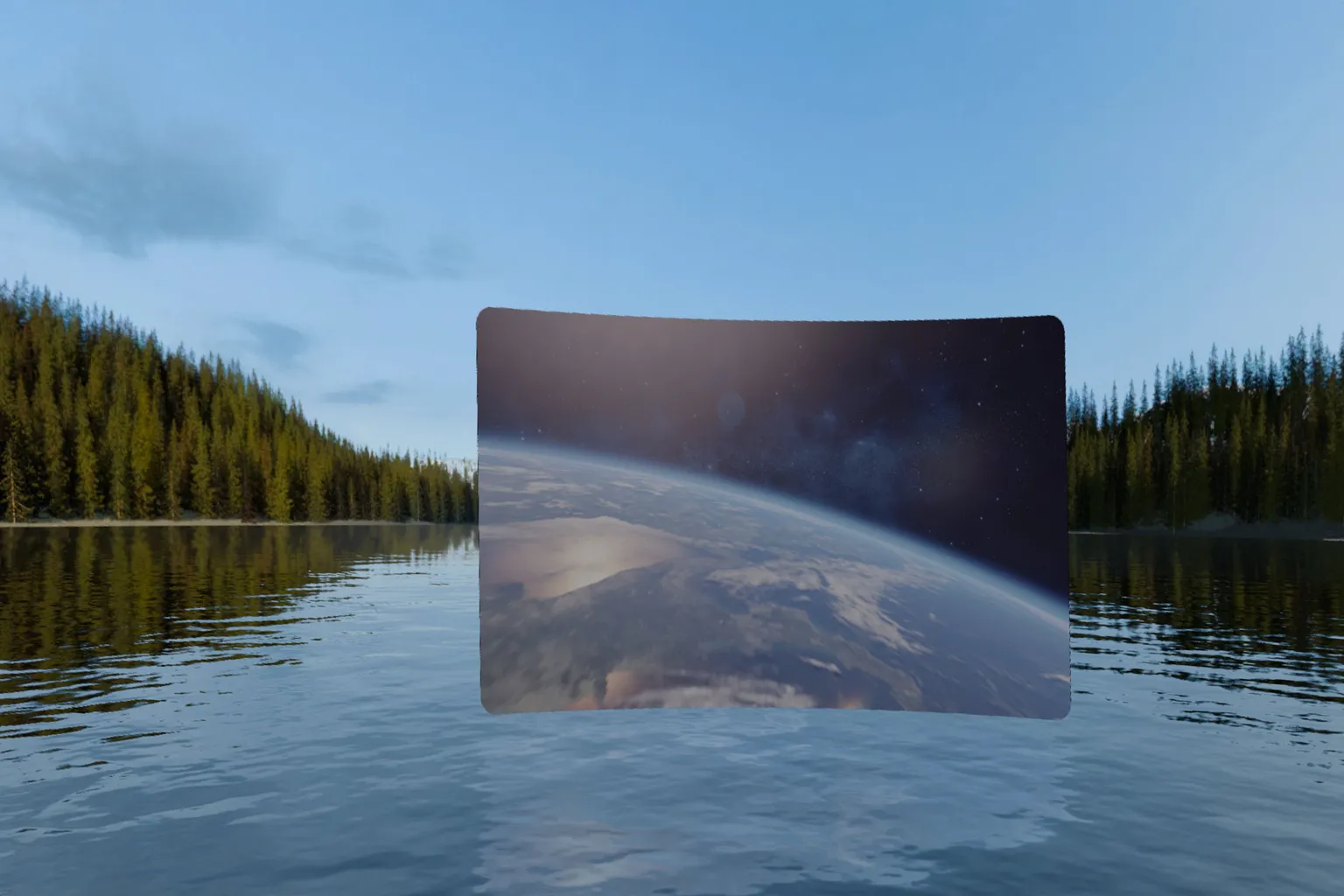 Écran de lecture vidéo de NEX Video Player dans un environnement VR au bord d’un lac, avec un écran incurvé affichant la Terre vue de l’espace.