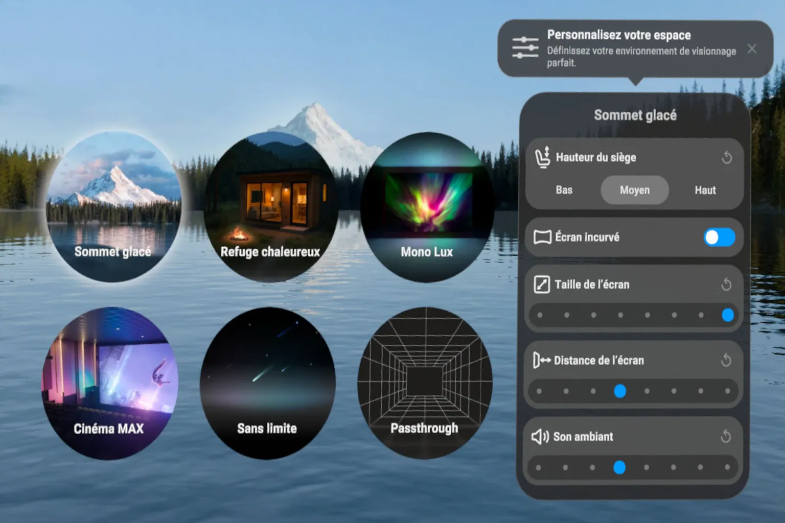 Menu de personnalisation de l’environnement dans NEX Video Player avec choix du décor, hauteur du siège, écran incurvé, taille, distance et son ambiant.