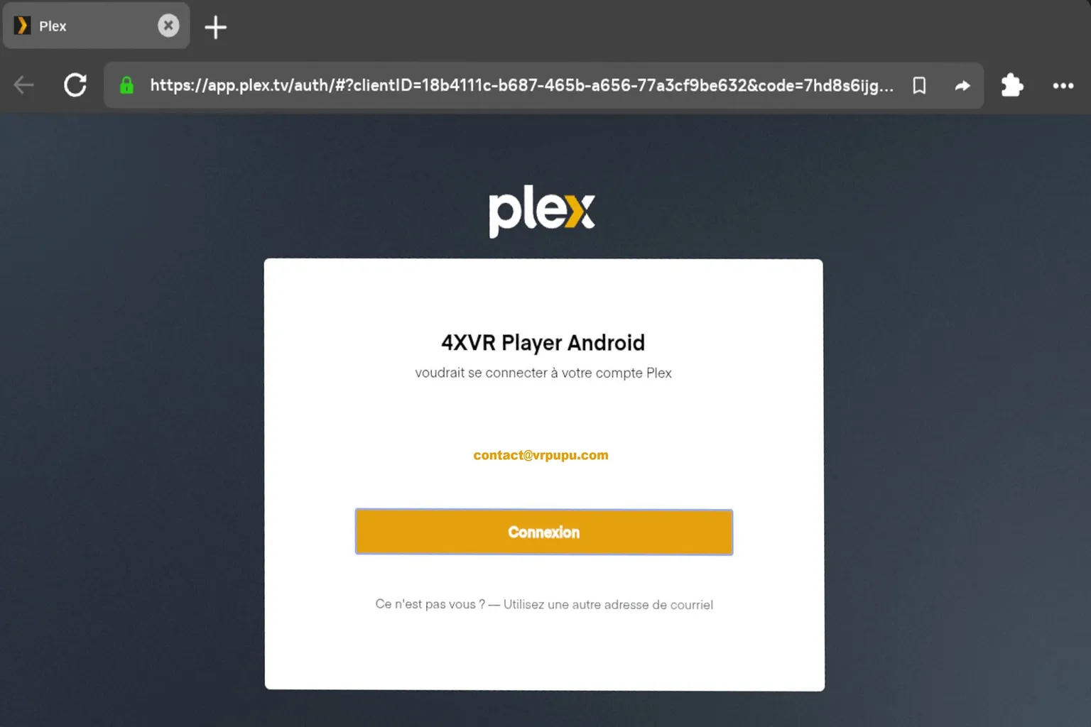 Page de connexion Plex ouverte dans le navigateur système depuis 4XVR Player.