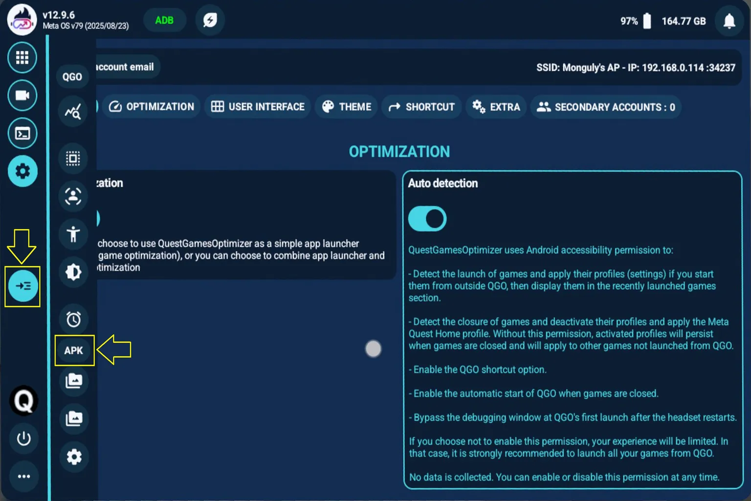 QGO のサイドバーに APK インストールツールのボタンが表示されており、Android インストーラーへのショートカット入口になっている。