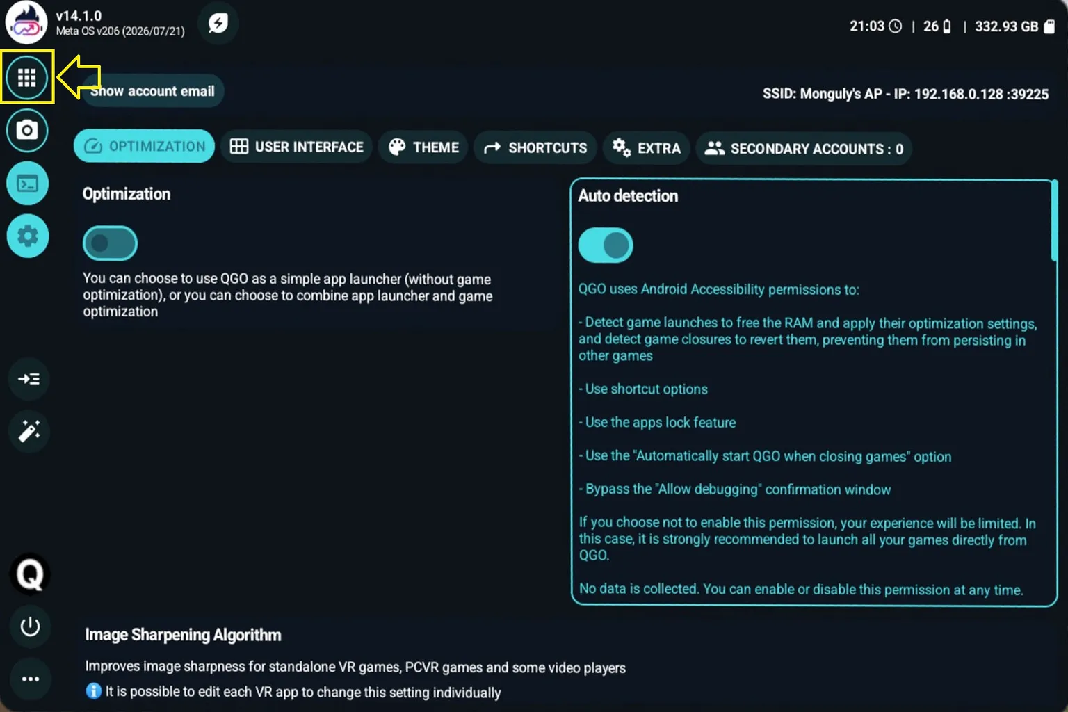 Quest Games Optimizer が最適化有効化の画面を開き、自動検出とアプリ切り替えの仕組みについて説明している。
