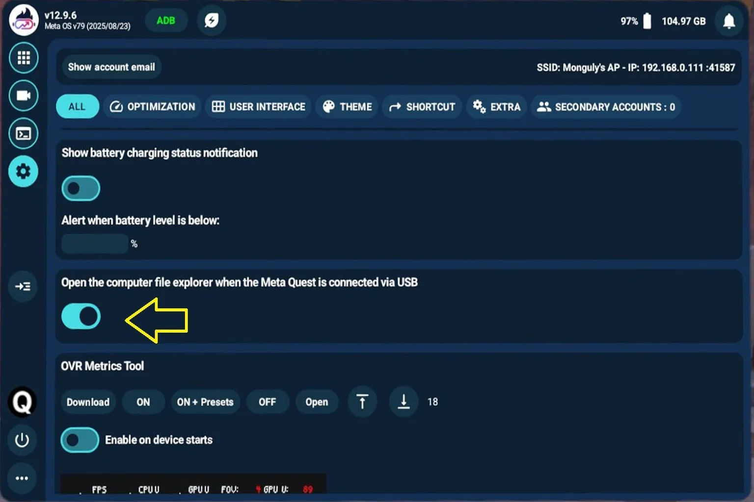 QGO で USB モード設定を有効化し、Meta Quest を PC に接続した際に自動でファイルエクスプローラーが開くようにしている。