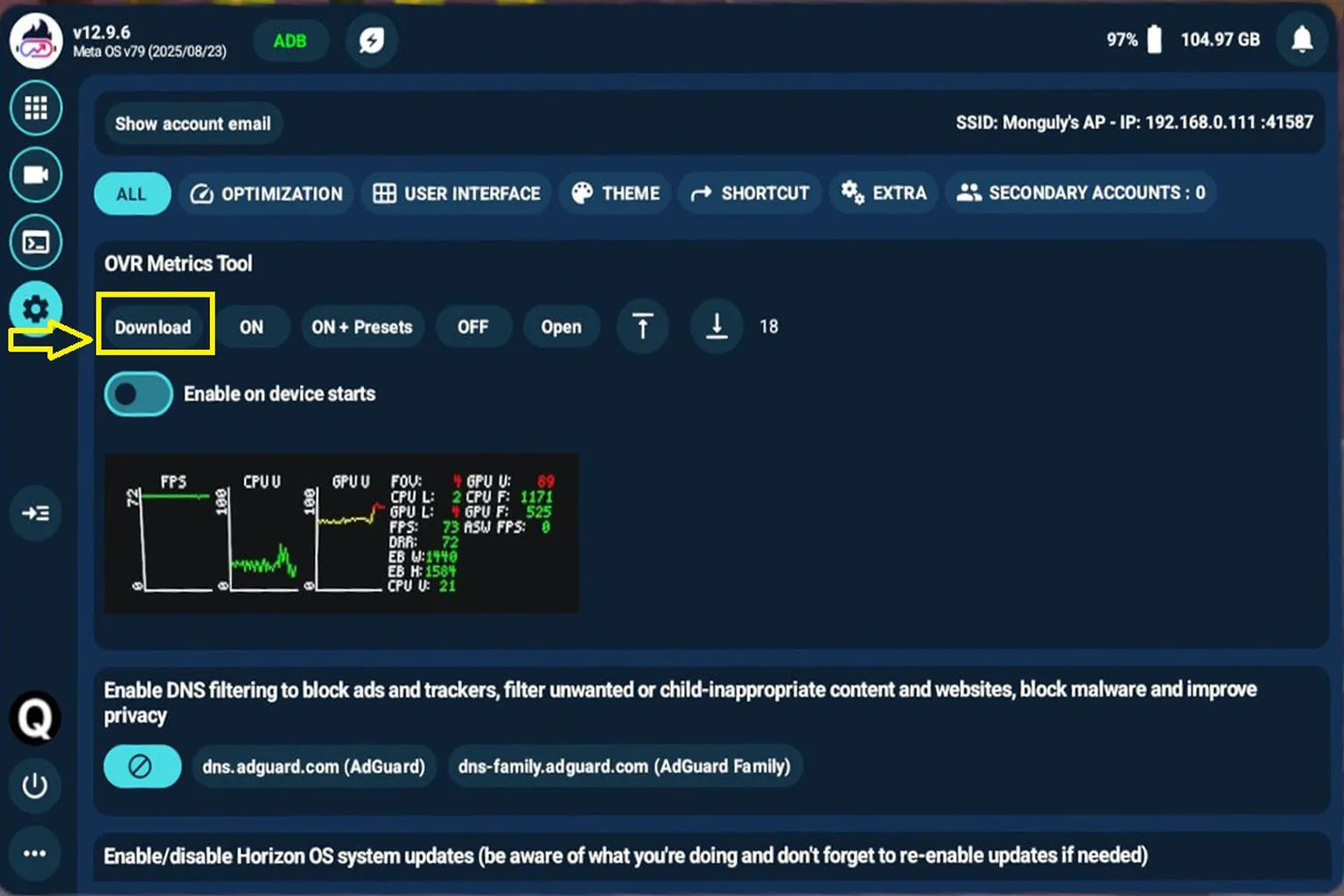 QGO の設定ページで OVR Metrics Tool をダウンロードし、起動するとデバイスのリアルタイム性能データを監視できるようになっている。