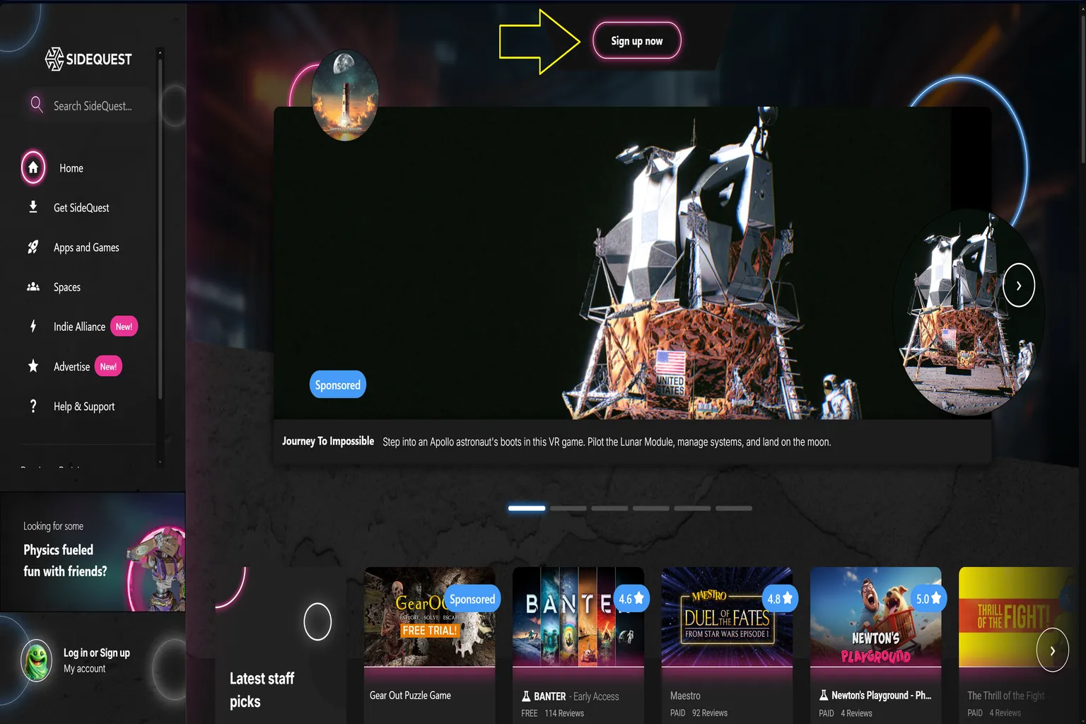 SideQuestのトップページに「Sign up now(登録はこちら)」ボタンが表示されているよ。