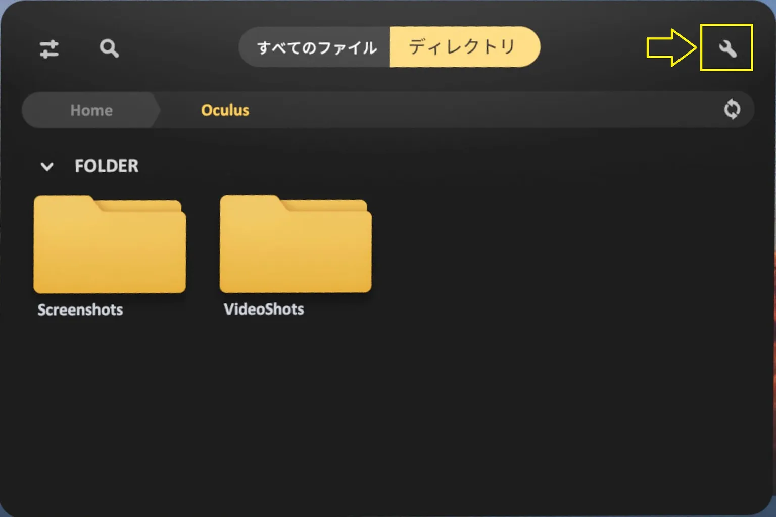 Skyboxのローカルファイル閲覧画面で、公開ディレクトリのOculus/Screenshotsのみが表示されている。